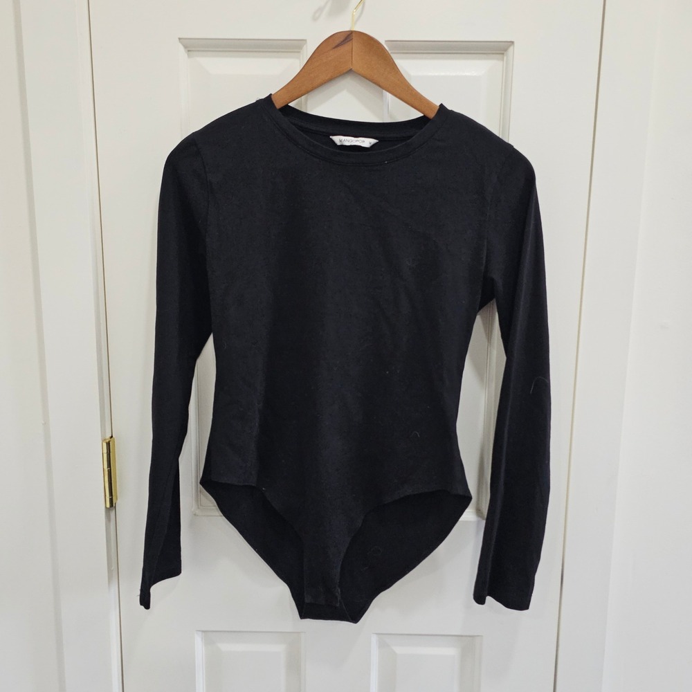 Mangopop Womens Black Long Sleeve Crew Neck Bodysuit Size Medium Slim Fit Solid